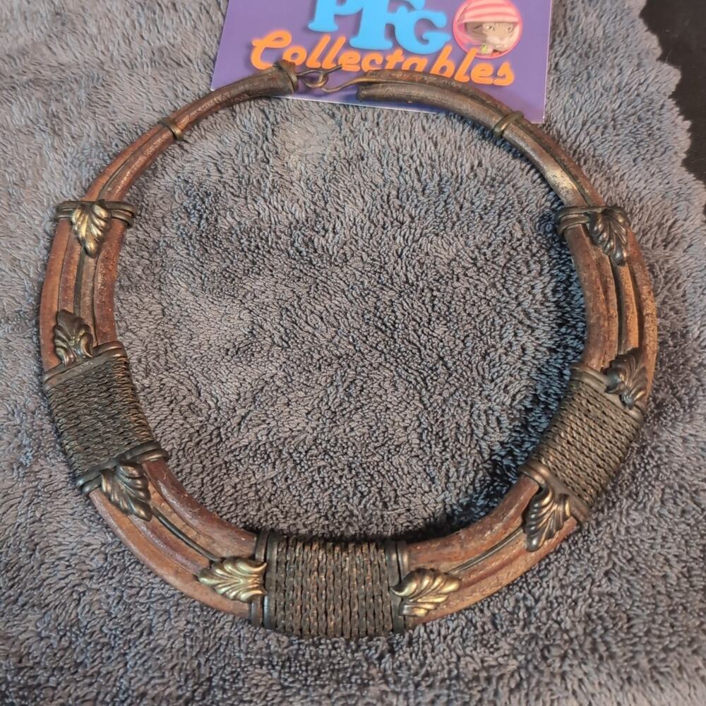 Vtg Leather and brass handmade choker Leaves Vintage Jewelry